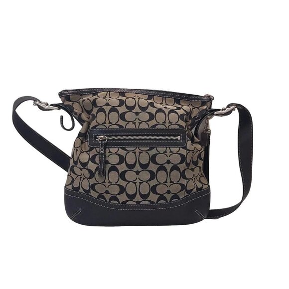 Auth COACH Signature Soft Slim Medium Duffle 9349 Cream Black Jacquard Leather - Picture 1 of 10